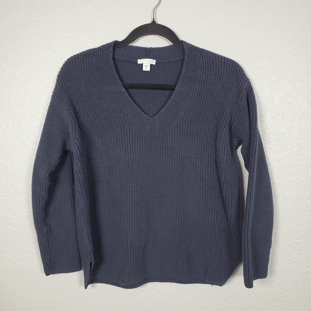 J. Jill Sweater Womens Small Petite Chunky Knit V-Neck Pullover Navy Comfy Warm